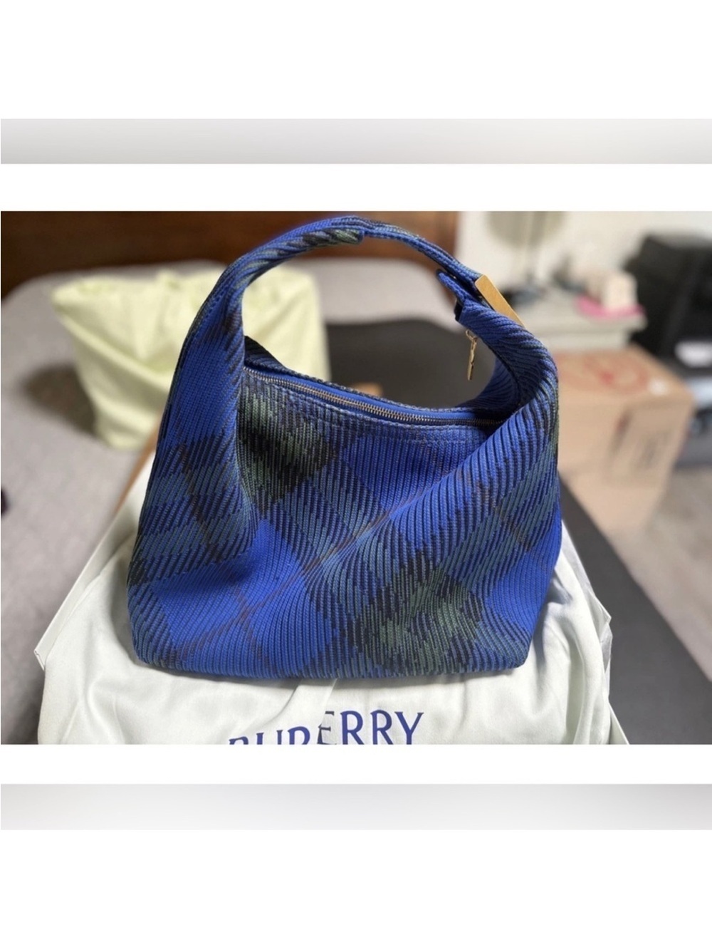 Burberry Medium Duffle Bag Handbag Knit knight quiet luxury blue gold luxe chic